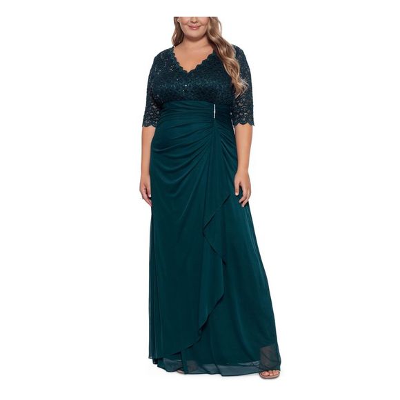 BETSY & ADAM Womens Green V-back Lined Elbow Sleeve Gown Dress Plus 14W - Picture 1 of 2